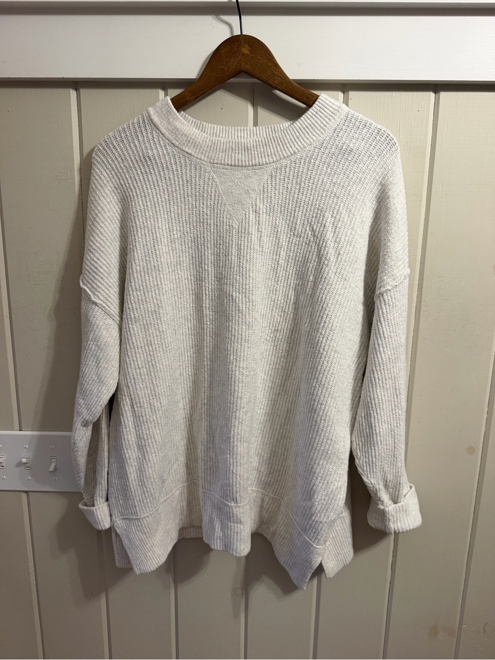 aerie Light Heather Grey/Cream Ribbed Crewneck Oversized Sweatshirt, Size Small